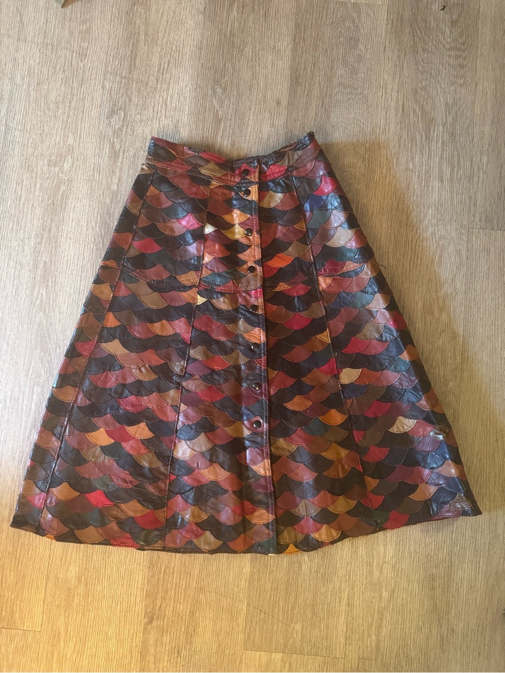 Vintage 1970s Fish Scale Leather Patchwork Midi Skirt Snap Front Made in Korea